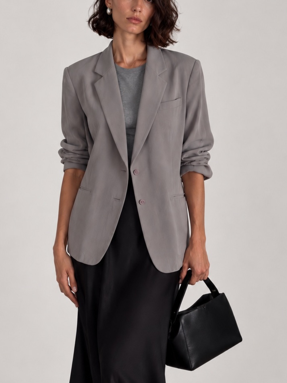 Vintage Chaus 100% Silk Blazer Jacket Light Gray Shoulder Pads Tailored Size 14